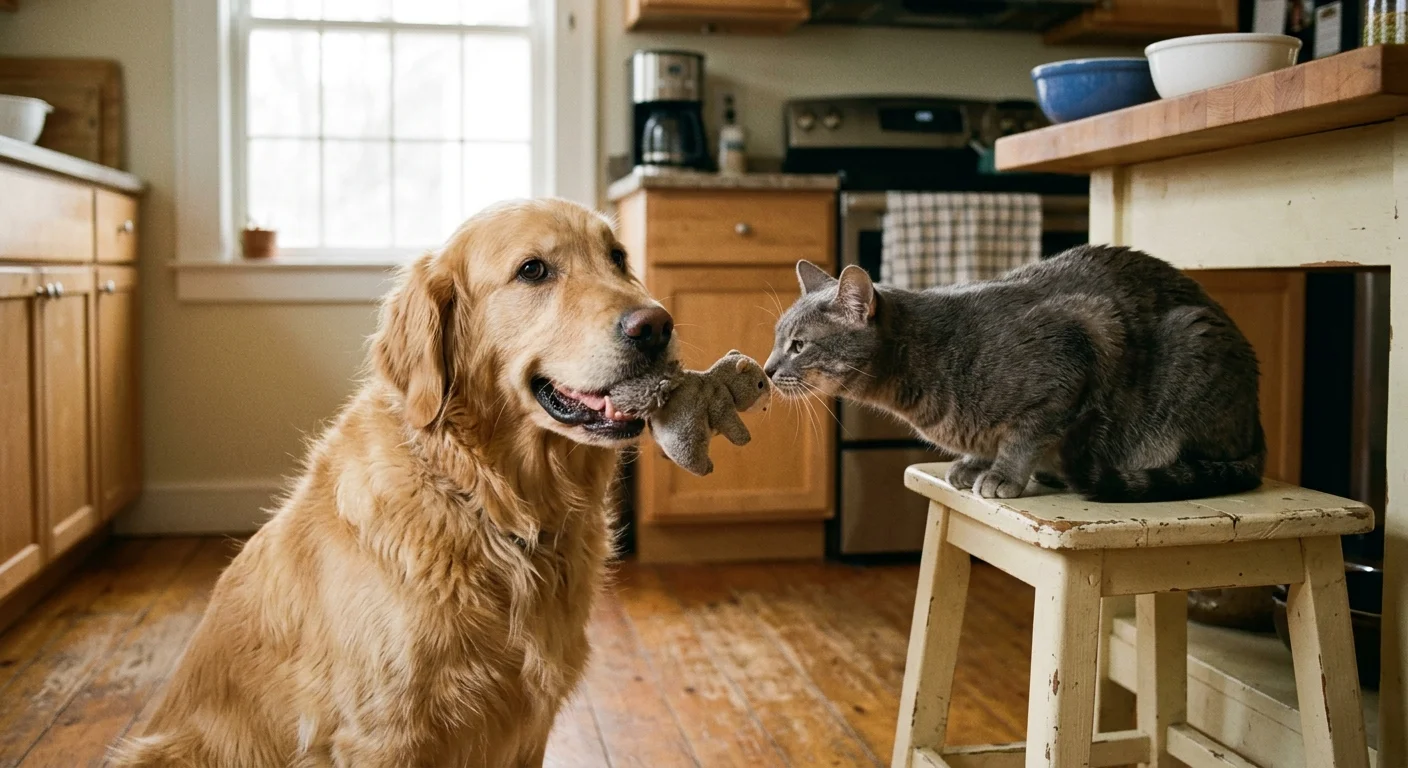 A friendly Golden Retriever gently presenting a soft toy to a grey cat sitting on a wooden stool.