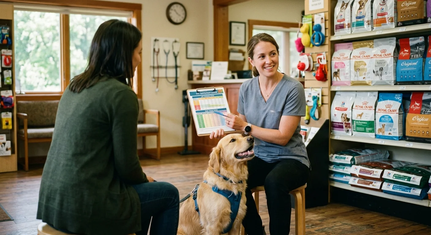 A friendly veterinarian shares nutrition tips with a pet owner while a Golden Retriever sits happily by.