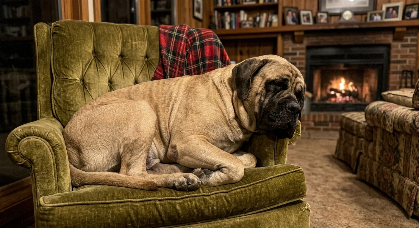A gigantic fawn English Mastiff is squeezed fast asleep inside a small, cozy living room armchair.
