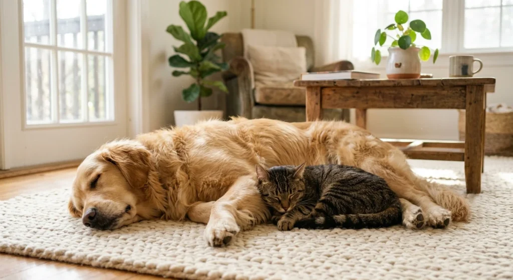 A golden retriever and a tabby cat sleeping peacefully together on a rug in a sunlit living room.