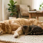 A golden retriever and a tabby cat sleeping peacefully together on a rug in a sunlit living room.