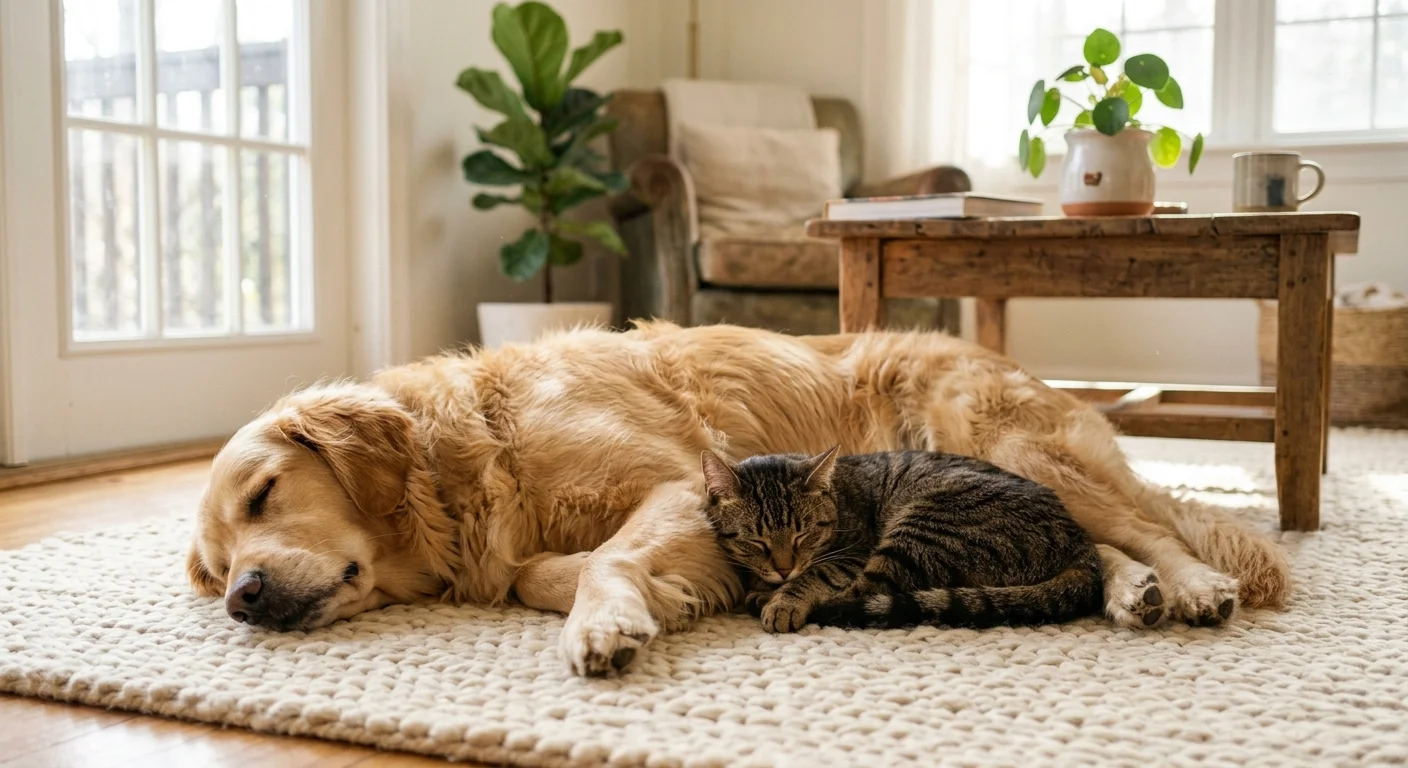 A golden retriever and a tabby cat sleeping peacefully together on a rug in a sunlit living room.
