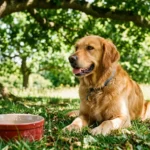 A golden retriever pants while resting in the shade of a tree next to a water bowl on a sunny summer day.