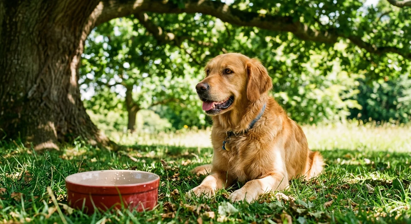 A golden retriever pants while resting in the shade of a tree next to a water bowl on a sunny summer day.