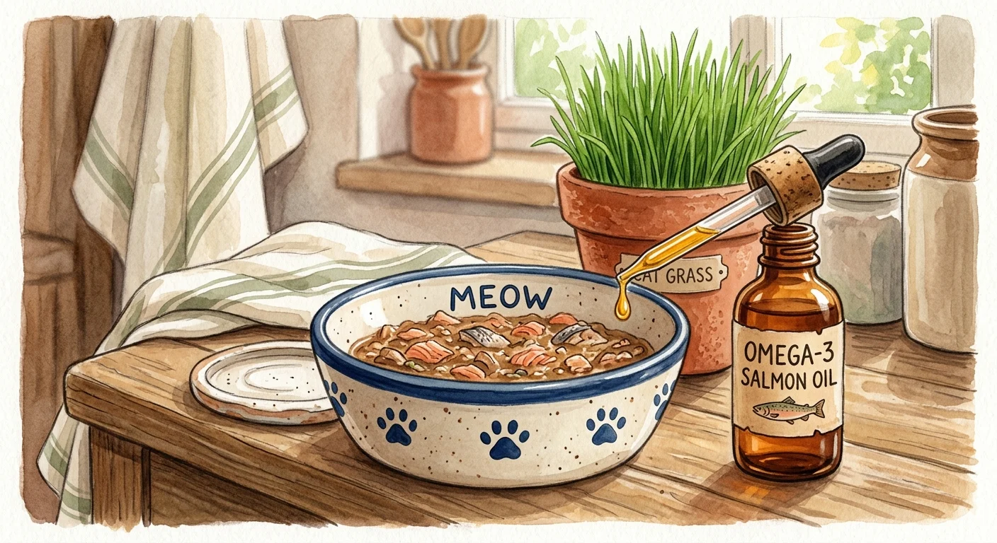 A gouache illustration of a ceramic cat food bowl next to a bottle of Omega-3 salmon oil on a rustic kitchen counter.