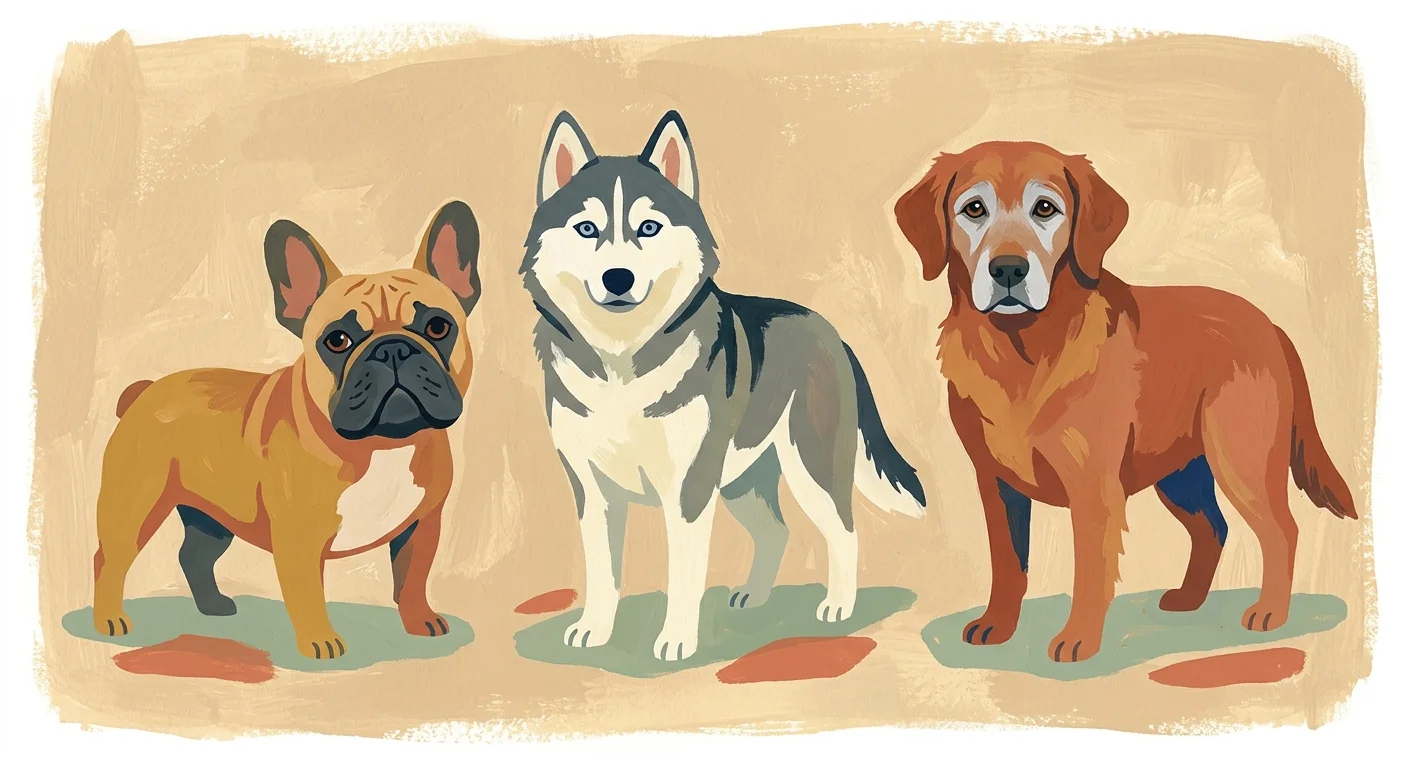 A gouache illustration of a French Bulldog, a Husky, and an elderly dog, showing breeds most vulnerable to heat.