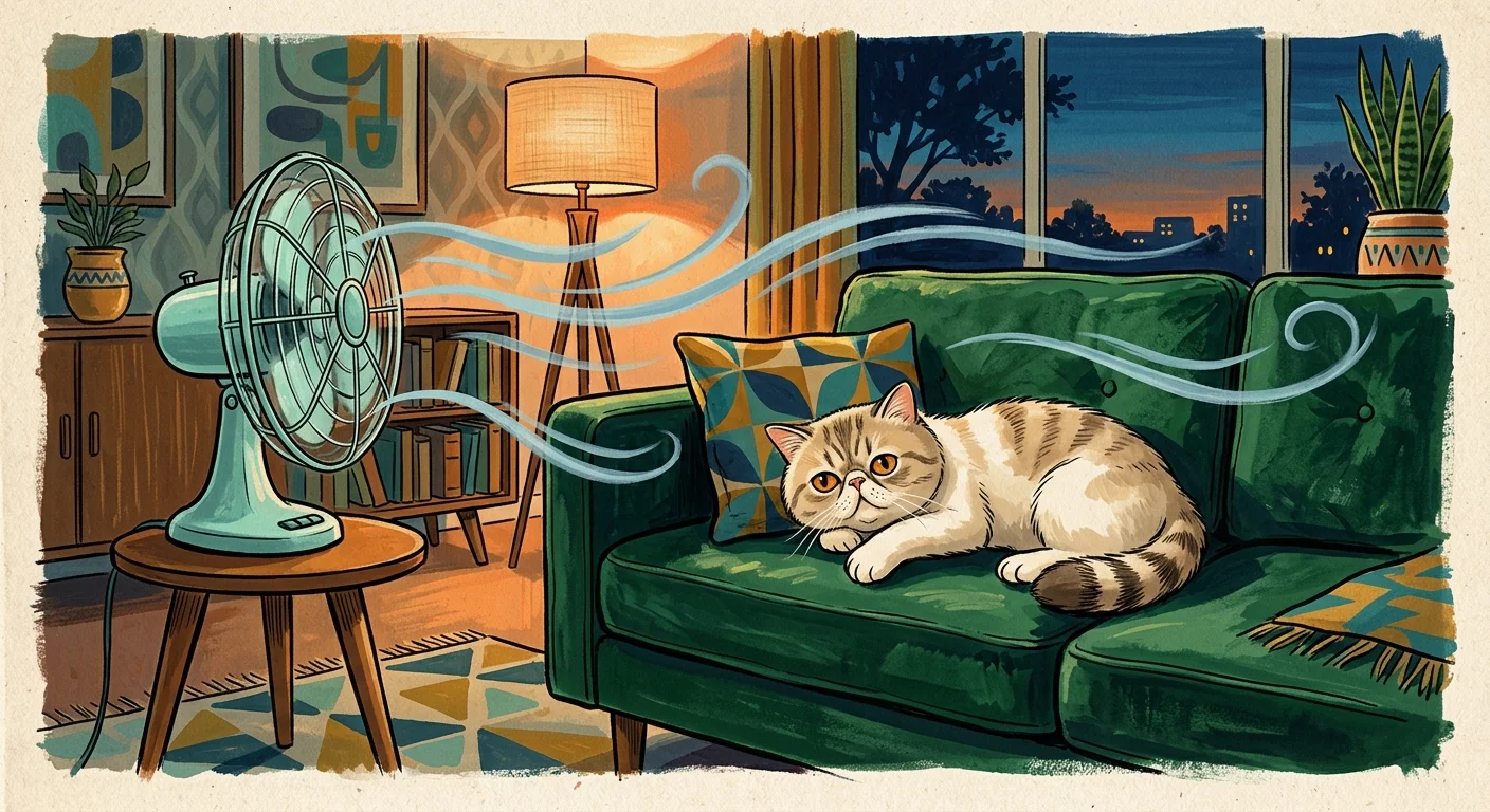 A gouache illustration of an Exotic Shorthair cat lounging on a green sofa in front of a retro cooling fan at twilight.