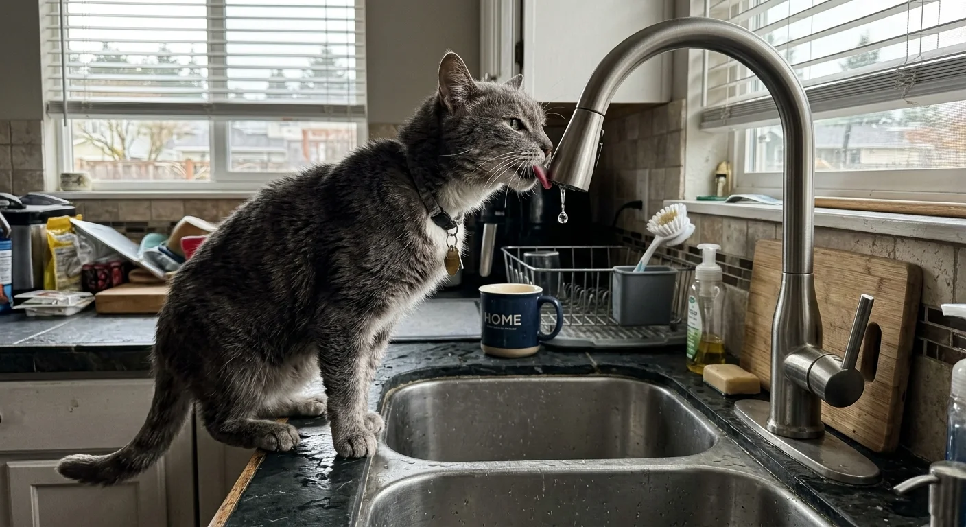 A grey cat stretches up to drink from a dripping kitchen faucet in a bright, modern kitchen.