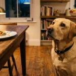 A hopeful yellow Labrador Retriever sits by a dining table, looking up intently at a dinner plate just out of reach.