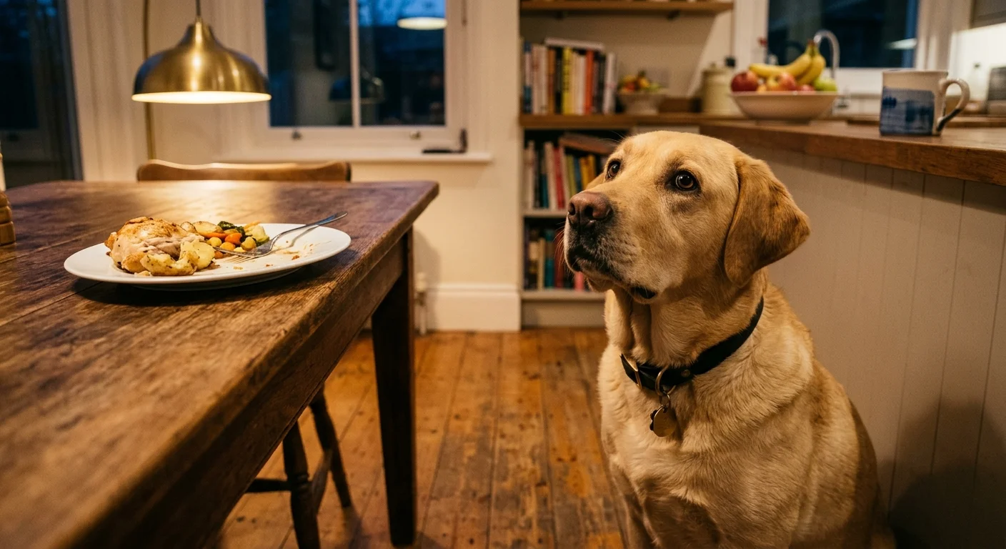 A hopeful yellow Labrador Retriever sits by a dining table, looking up intently at a dinner plate just out of reach.