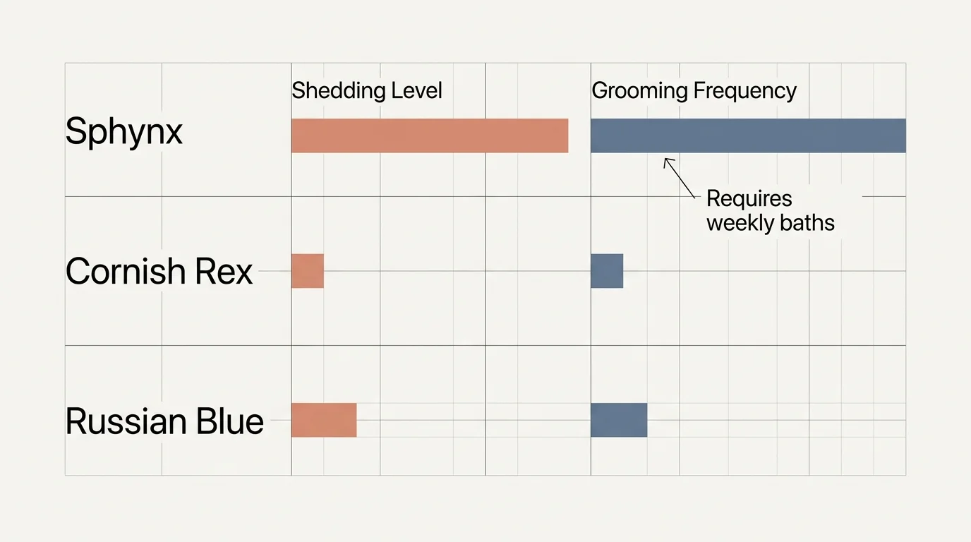 A horizontal comparison diagram showing the shedding levels versus grooming needs for the Sphynx, Cornish Rex, and Russian Blue.