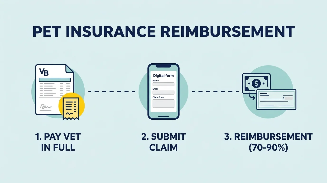 A horizontal flowchart showing the steps of pet insurance: paying the vet, submitting a claim, and receiving reimbursement.