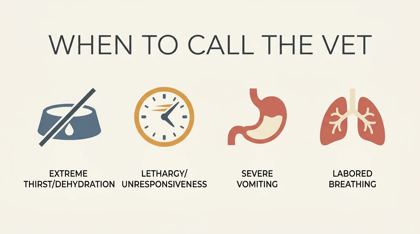 A horizontal graphic checklist displaying four key veterinary red flags: dehydration, lethargy, severe vomiting, and labored breathing.