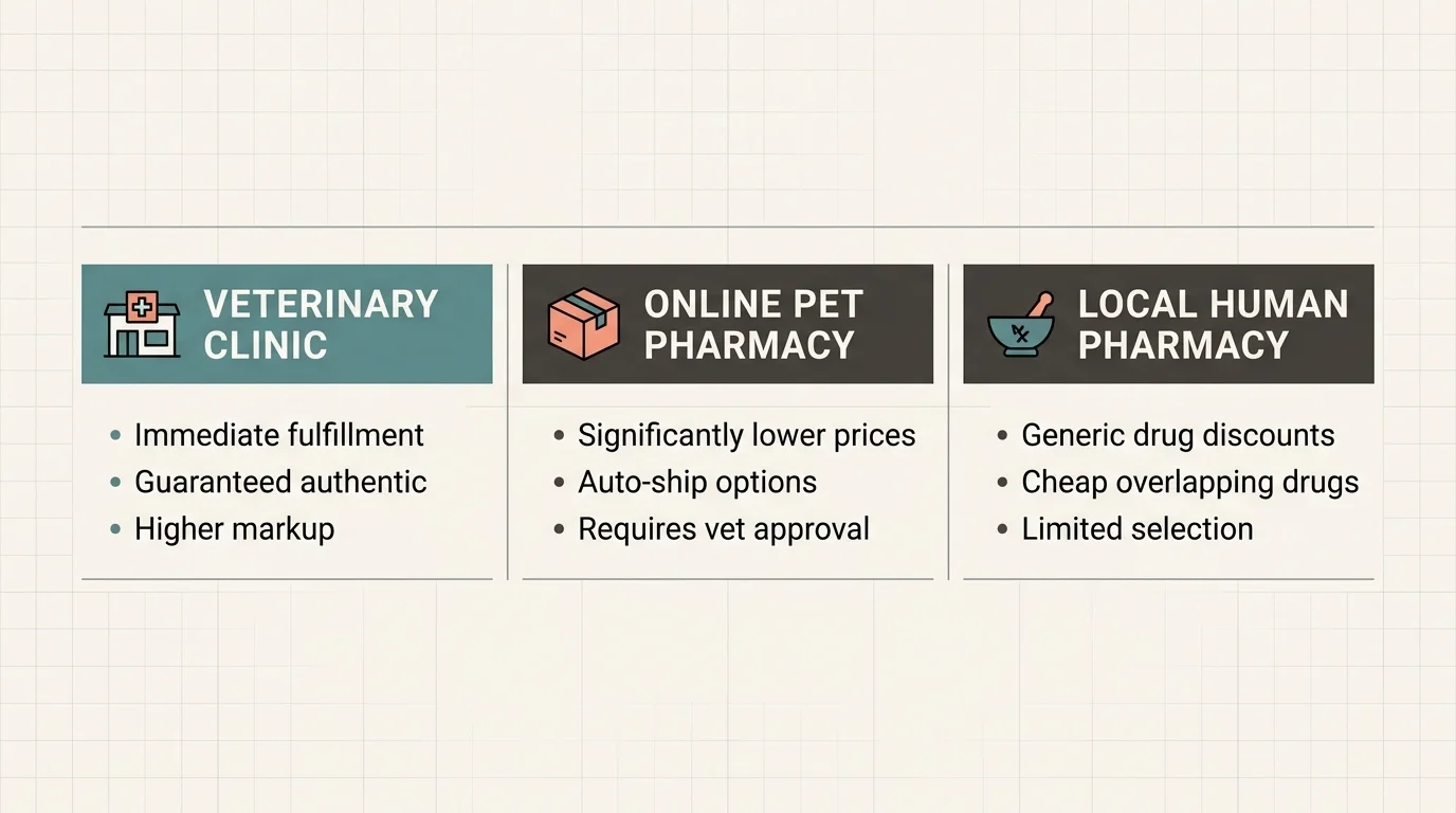 A horizontal infographic comparing the pros and cons of veterinary clinics, online pet pharmacies, and local human pharmacies.