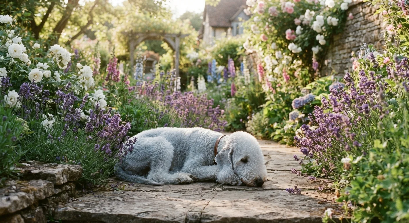 A lamb-like Bedlington Terrier resting on a stone path in a blooming English cottage garden.