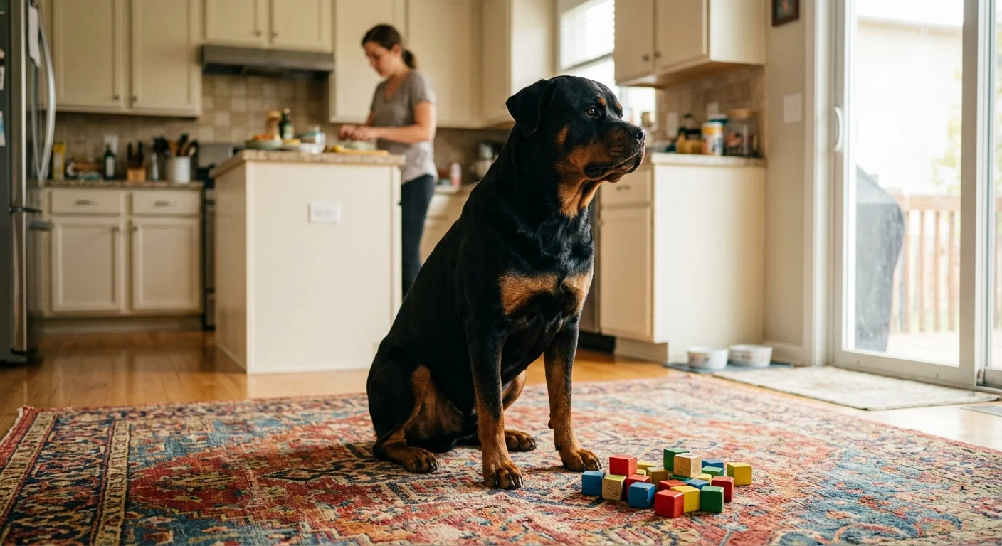 A large black-and-tan Rottweiler sits peacefully on a kitchen rug near a pile of children's wooden toy blocks.