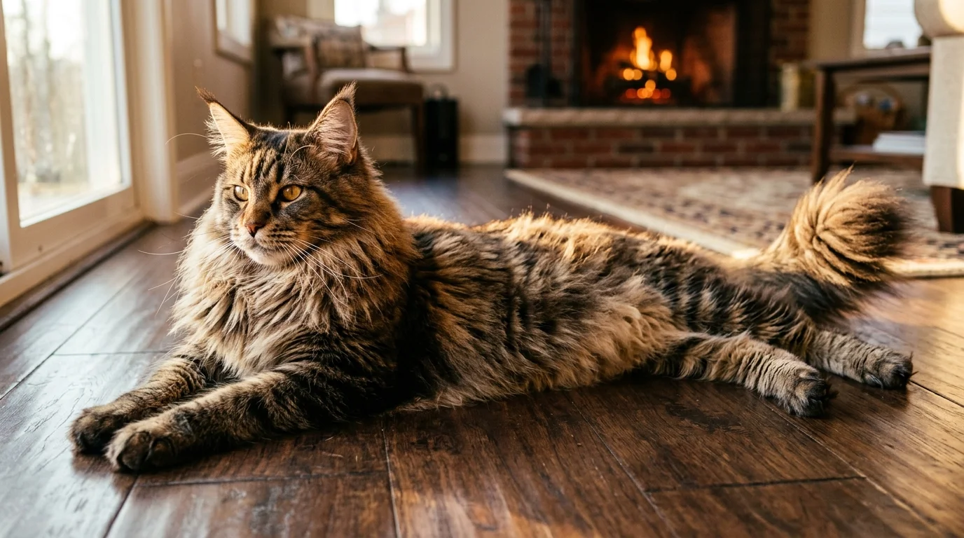 A large, fluffy brown-tabby Maine Coon cat stretched out on a polished dark wood floor in warm sunlight.