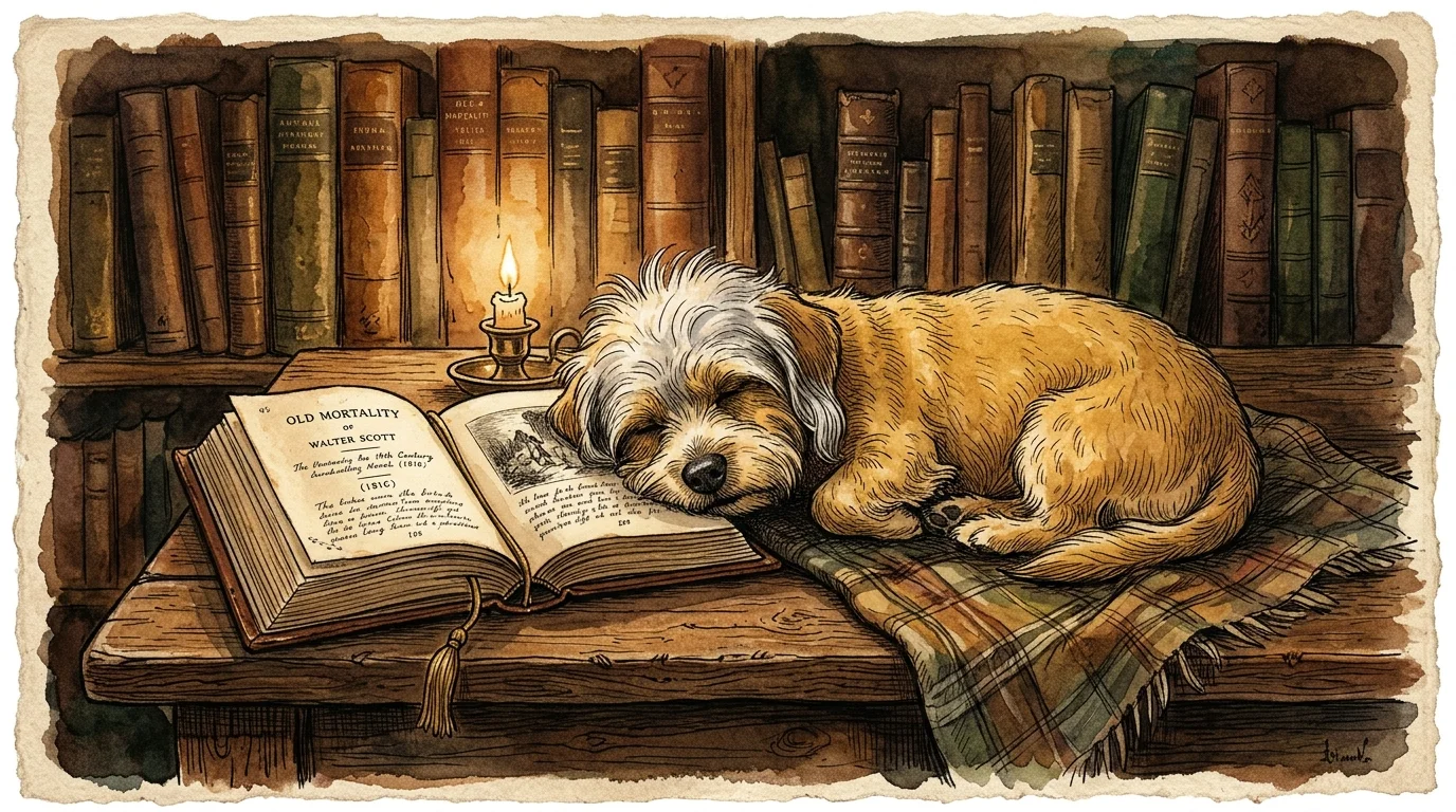A literary watercolor vignette of a Dandie Dinmont Terrier resting near an old leather-bound book.