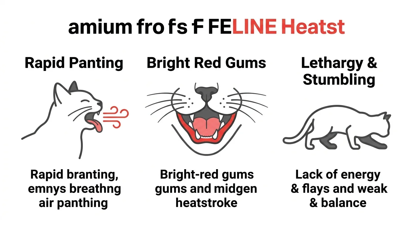 A medical infographic illustrating the key symptoms of feline heatstroke: rapid panting, bright red gums, and extreme lethargy.