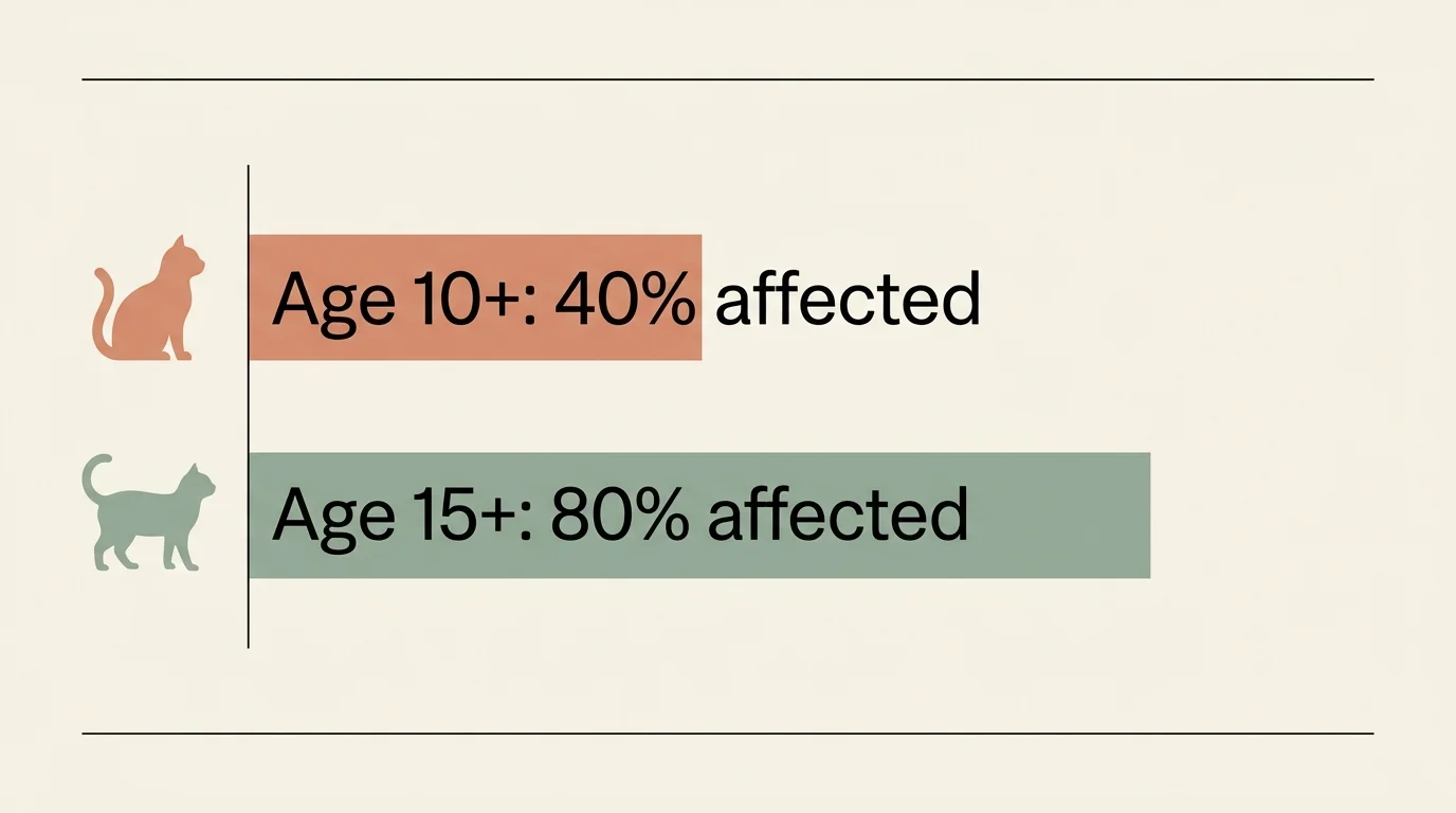 A minimalist bar chart showing kidney disease rates in older cats: 40 percent at age 10 and 80 percent at age 15.