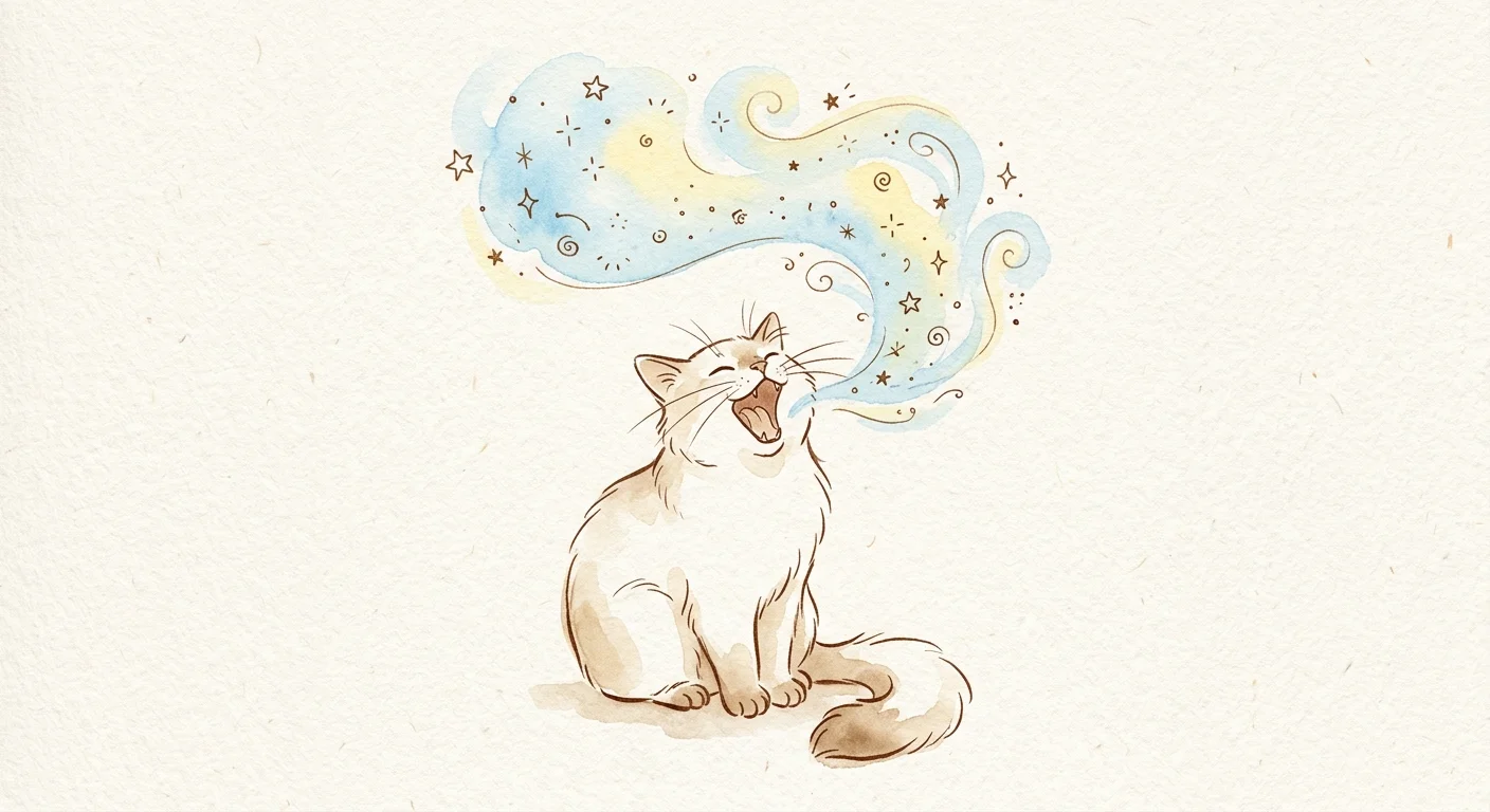 A minimalist watercolor illustration of a cat yawning, with a whimsical, stylized blue cloud rising gently.