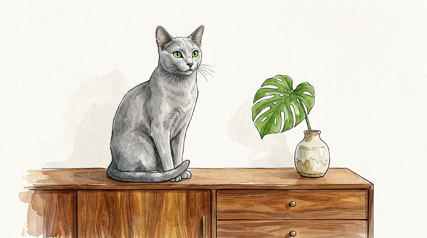 A minimalist watercolor illustration of a silvery Russian Blue cat sitting elegantly next to a green leaf on a wooden cabinet.
