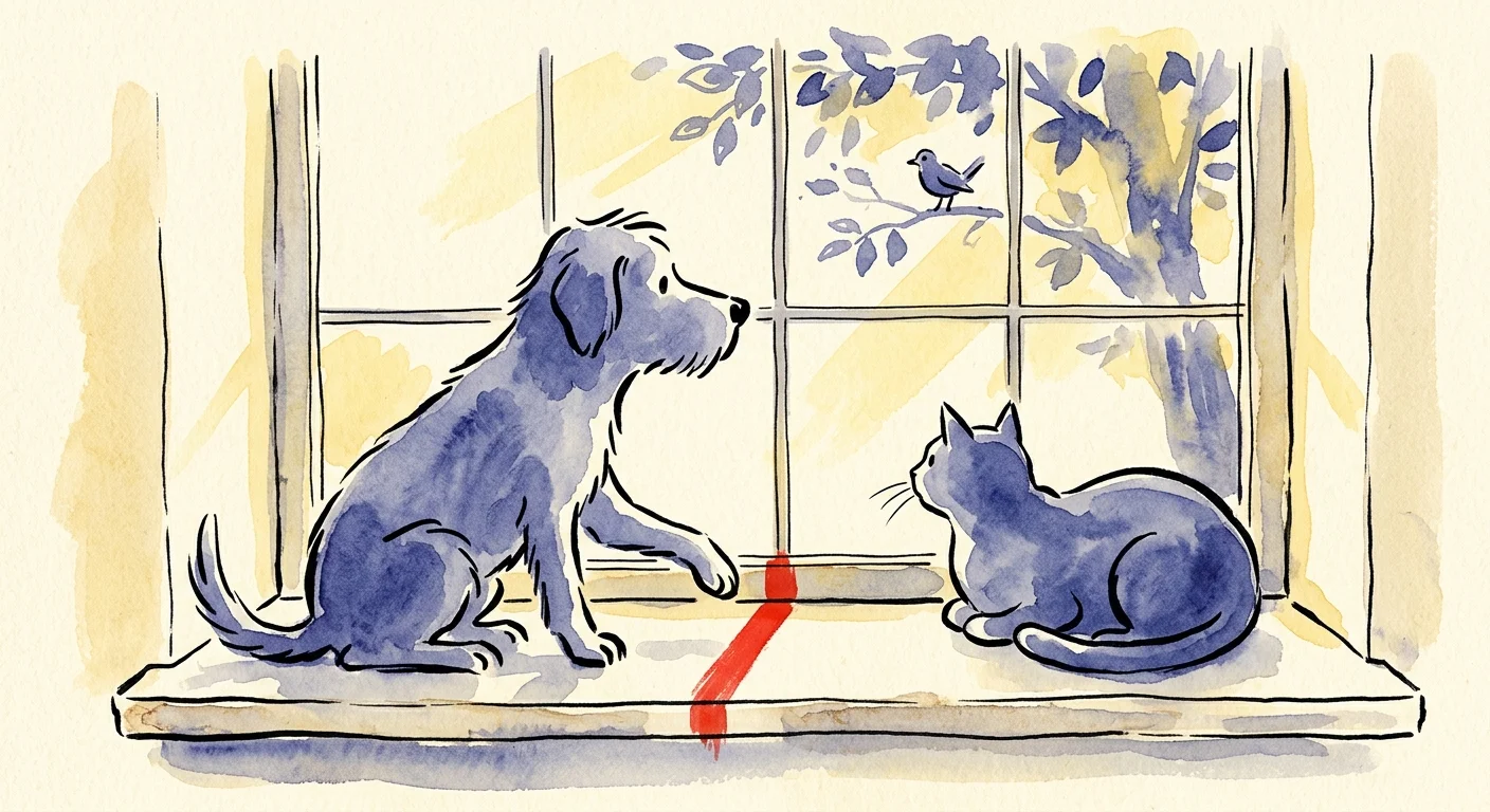 A minimalist watercolor of a dog and cat looking out a window, with a red line symbolizing boundaries.