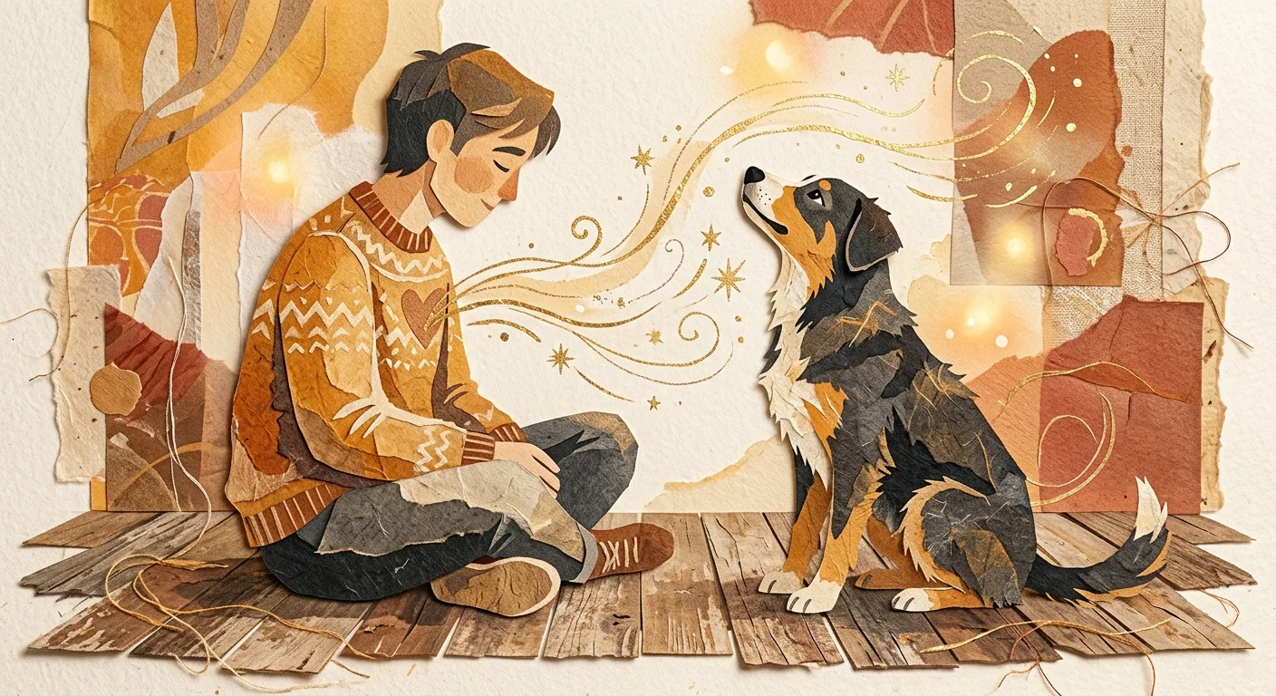 A mixed-media collage illustration showing a person and a dog sitting together, connected by a warm golden light.