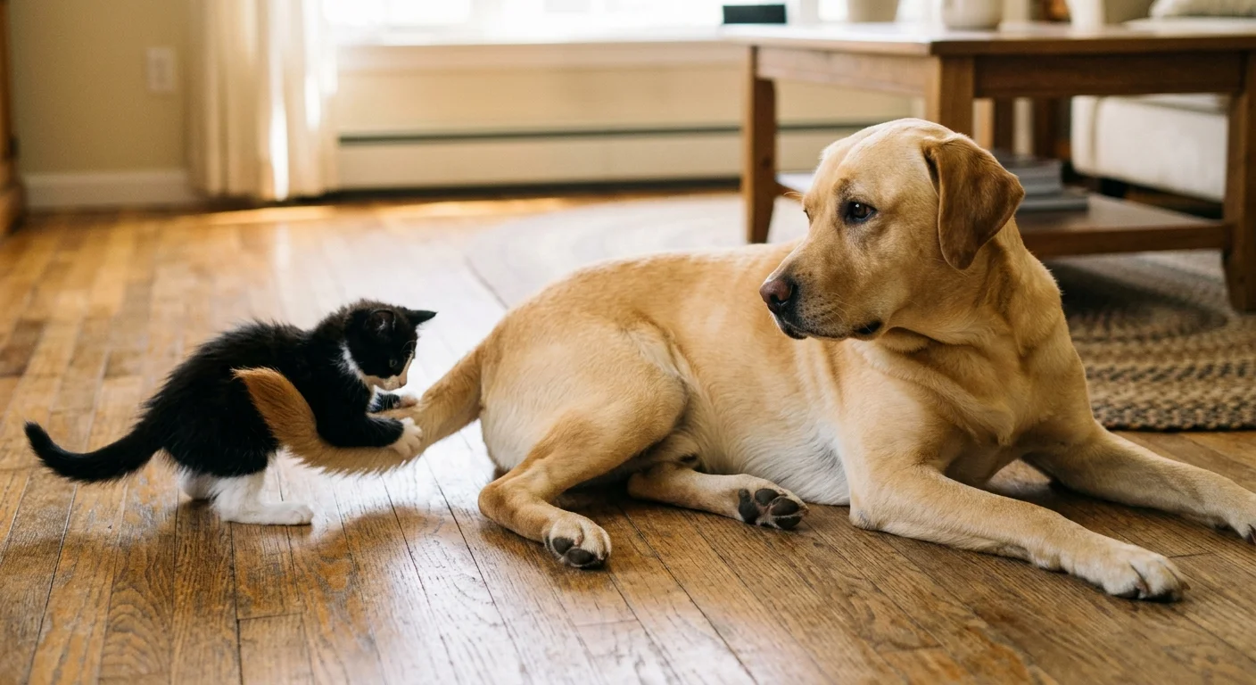 A patient yellow Labrador Retriever lying on the floor, watching a tuxedo kitten play with its tail.