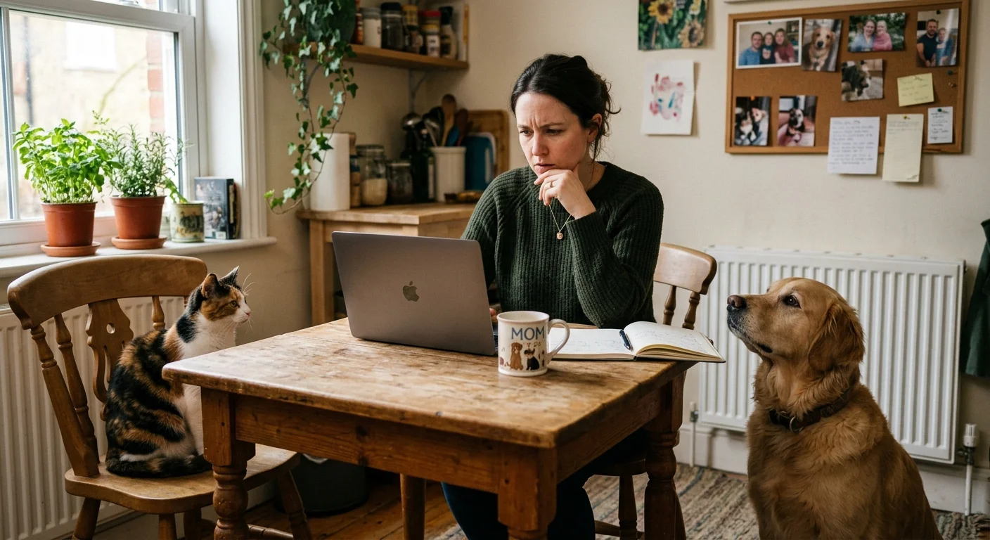 A pet owner at a kitchen table looking at a laptop, with a dog and cat nearby, representing seeking professional pet advice.