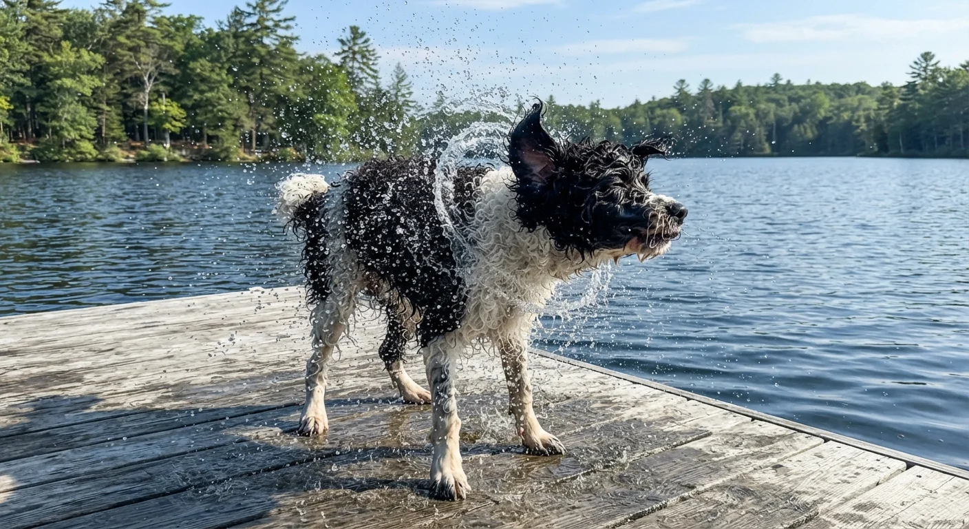 A Portuguese Water Dog shaking off water on a wooden lake dock on a sunny morning.
