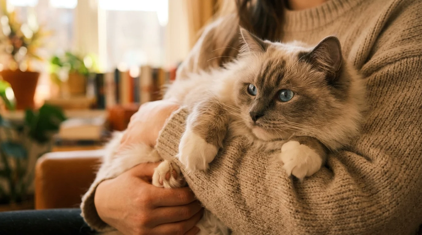 A relaxed Ragdoll cat with blue eyes cradled in the arms of a person wearing a beige knit sweater.