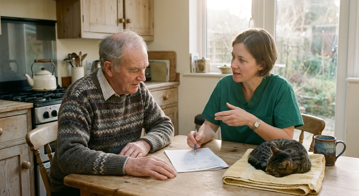 A retired man and a veterinarian consult over paperwork at a cozy kitchen table with a cat resting nearby.