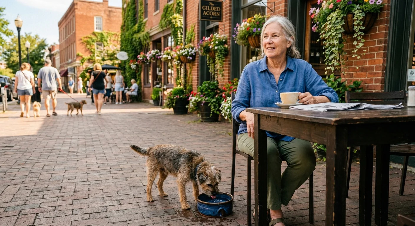 A retired woman enjoys an outdoor cafe in a historic town square while her small dog rests comfortably under the table.