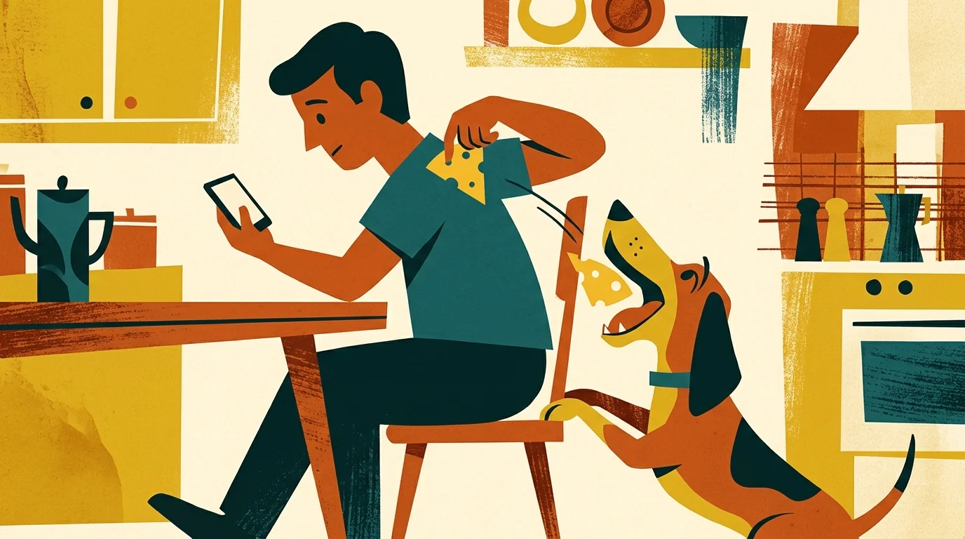 A retro-style illustration of a person feeding a slice of cheese to a dog behind their back while distracted by a phone.