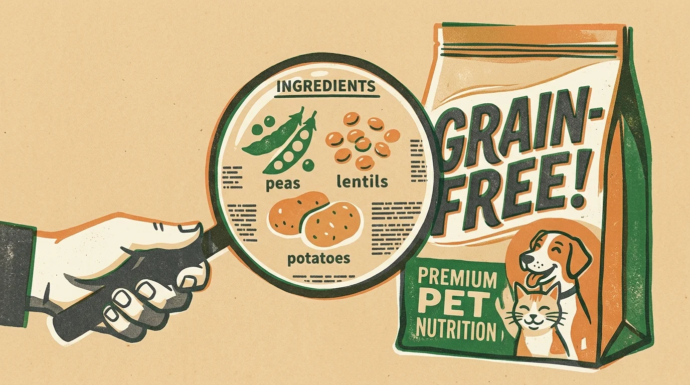 A risograph-style illustration of a grain-free pet food bag being examined under a magnifying glass to reveal substitute ingredients.