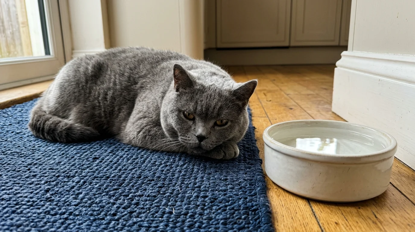 A round-faced blue British Shorthair cat lounging lazily on a navy blue rug on a kitchen floor.