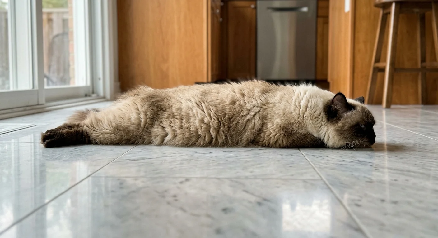 A seal-point Himalayan cat laying completely flat on cool kitchen floor tiles to regulate its body temperature.