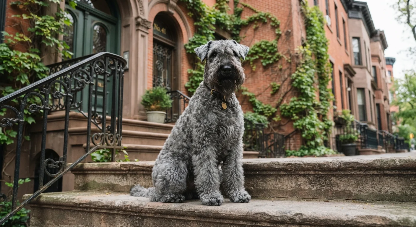 A slate-blue Kerry Blue Terrier sitting proudly on the stone steps of a brick brownstone.