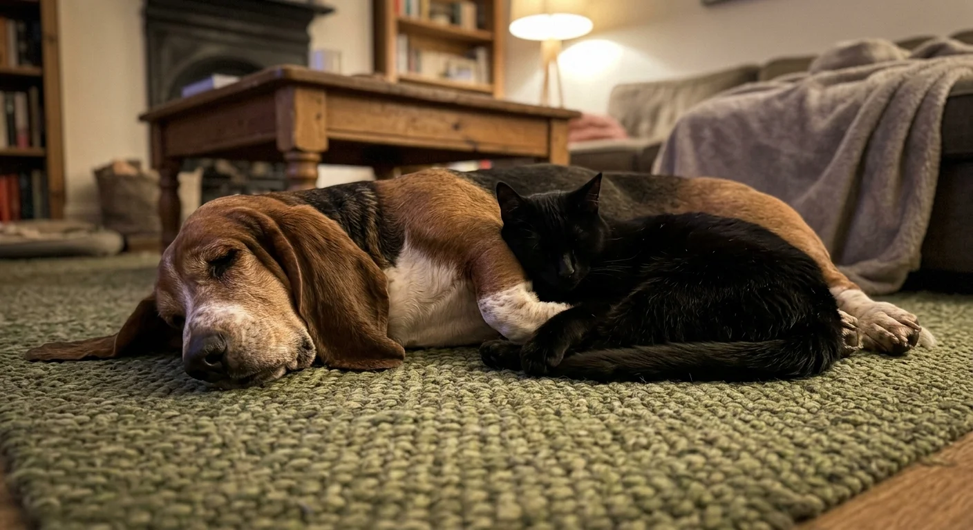 A sleepy Basset Hound napping on a rug while a black cat curls up cozily against its back.