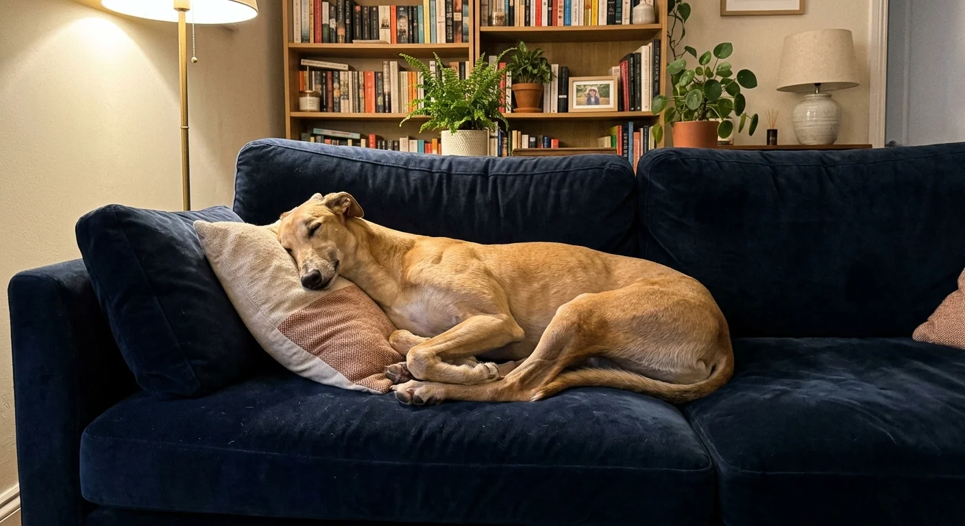 A slender fawn Greyhound is fast asleep in a funny, curled-up pretzel position on a dark blue velvet sofa.