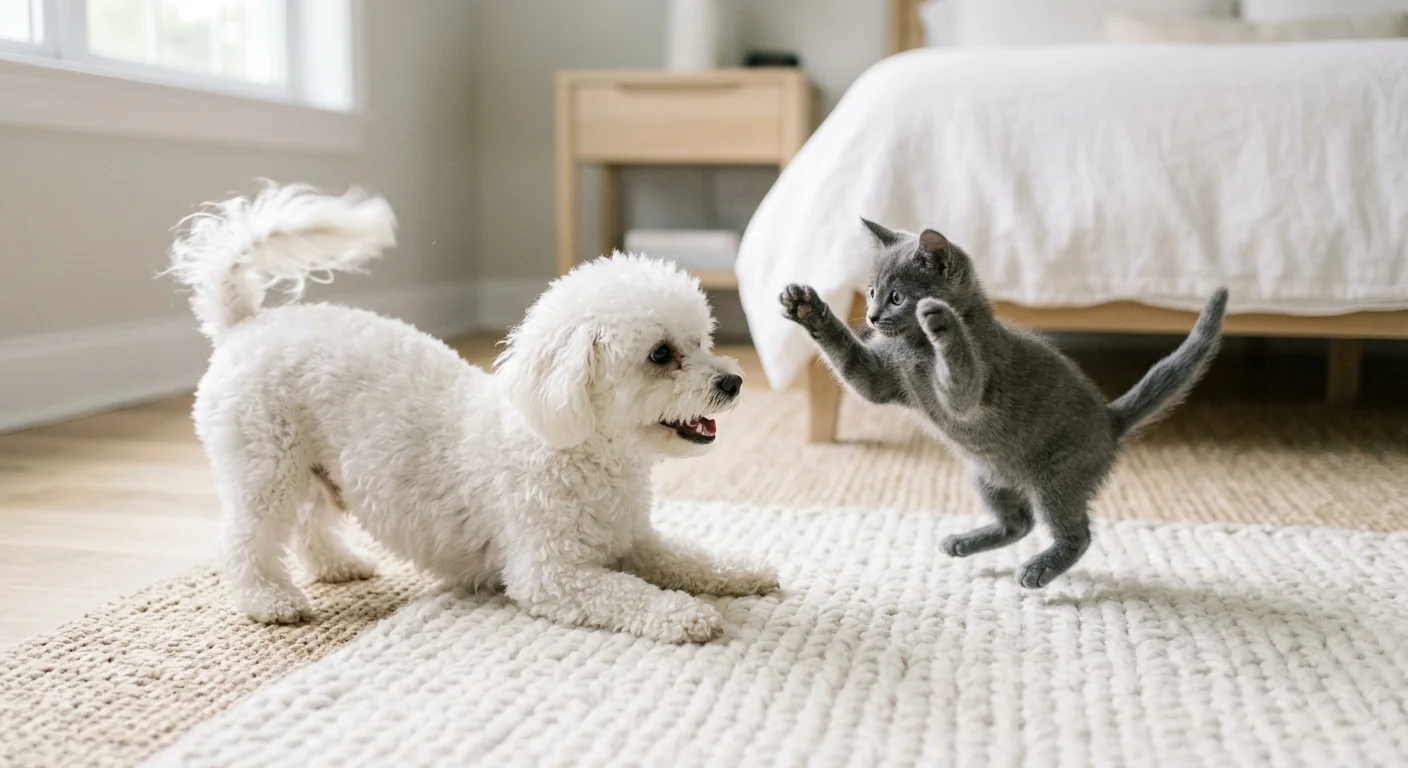 A small white Bichon Frise in a play bow posture interacting with a grey kitten on a white blanket.