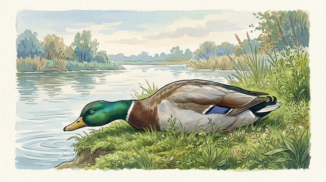 A soft gouache illustration of a mallard duck lying completely limp on a grassy bank near a calm river.