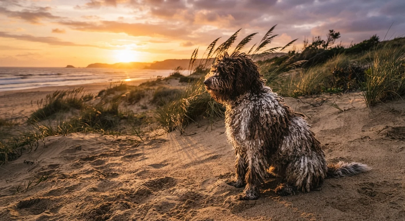 A Spanish Water Dog with rustic corded curls sitting on sandy dunes during a warm sunset.