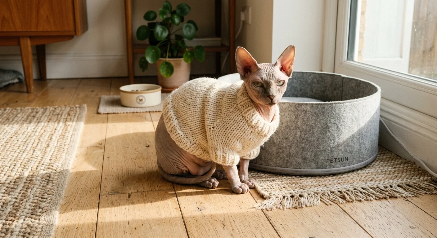 A Sphynx cat wearing a small cream knit sweater sitting on a sunlit wooden floor in a cozy home.