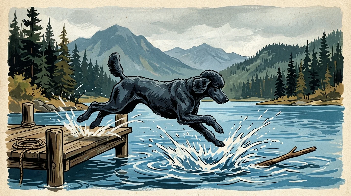 A stylized gouache illustration of an athletic black Standard Poodle leaping off a dock into a lake to retrieve a stick.