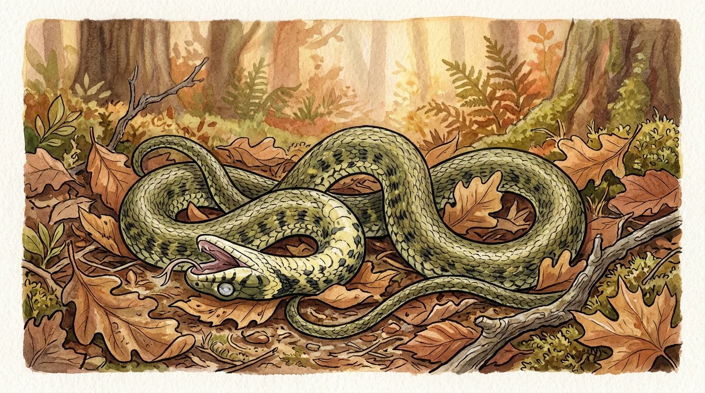 A stylized gouache illustration of an olive-green grass snake lying limply among dry forest leaves.