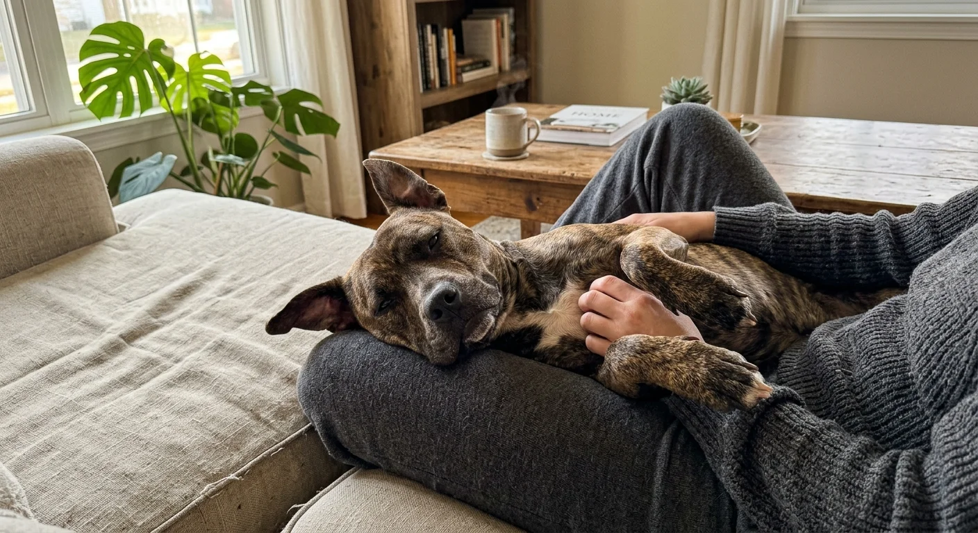 A sweet brindle Pit Bull lies happily upside down on a linen couch with its head in its owner's lap.