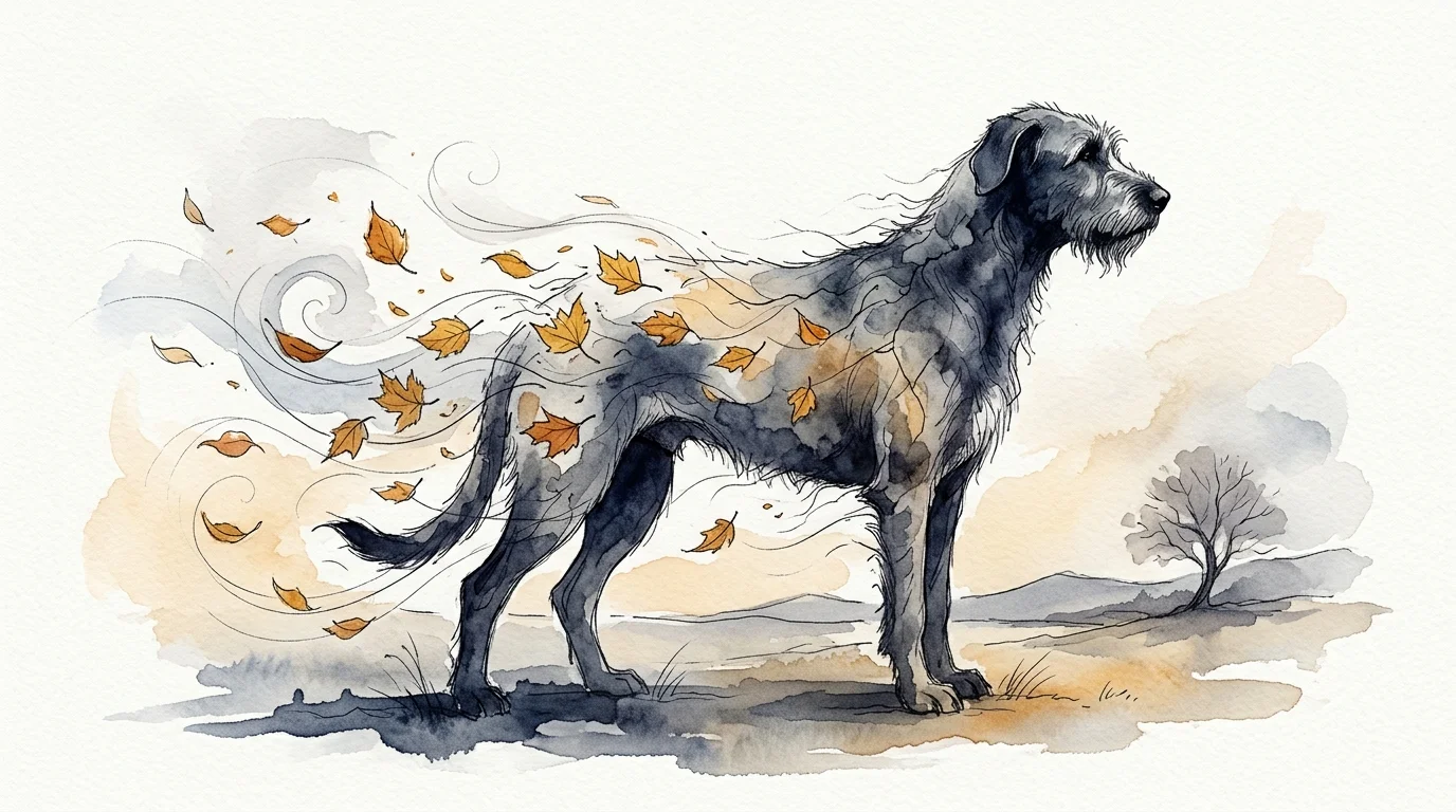 A symbolic watercolor illustration of a dog silhouette slowly dissolving into wind and autumn leaves.