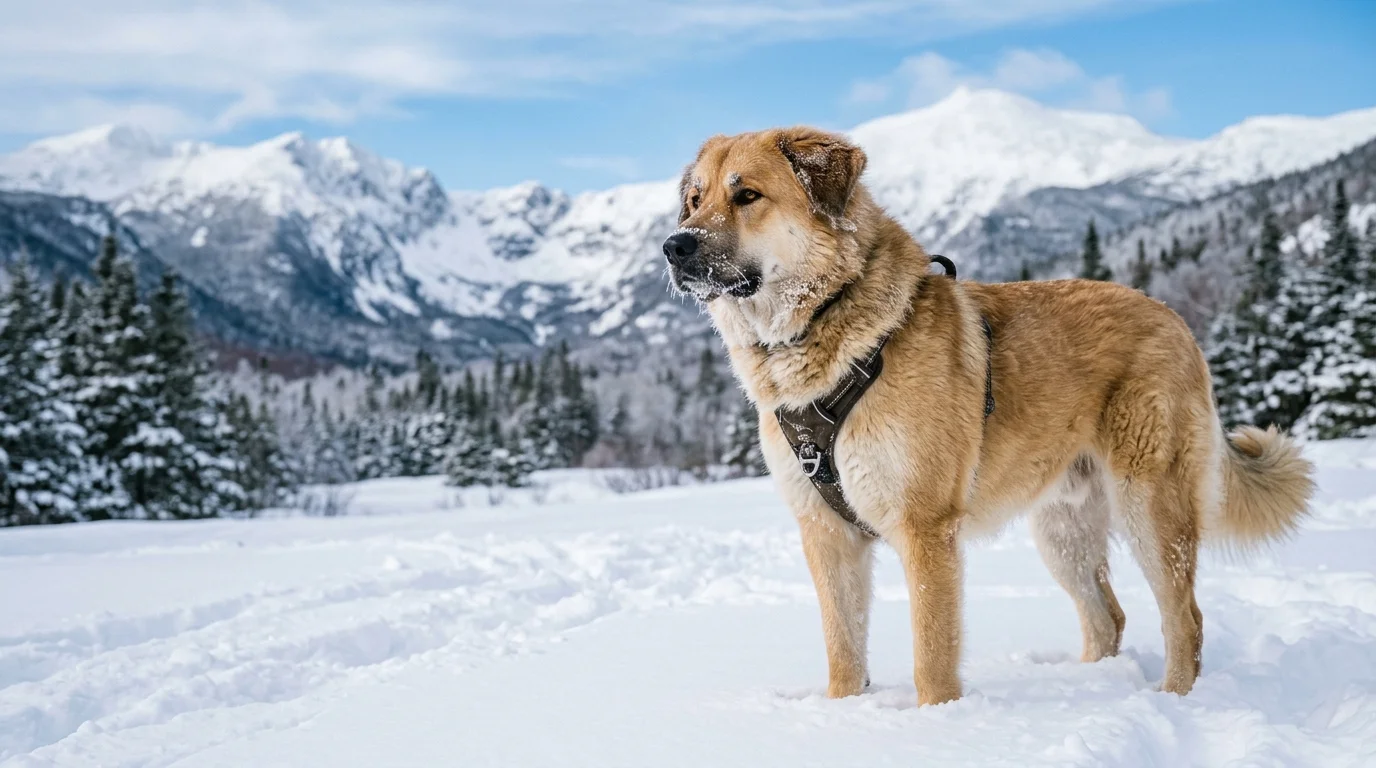 A tawny-gold Chinook sled dog stands in deep snow against snow-capped mountain peaks.